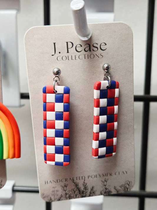 Red, White & Blue Checkered Earrings Long