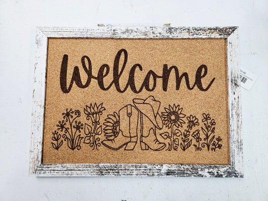 Engraved Welcome Cork Board w/Flowers & Boots