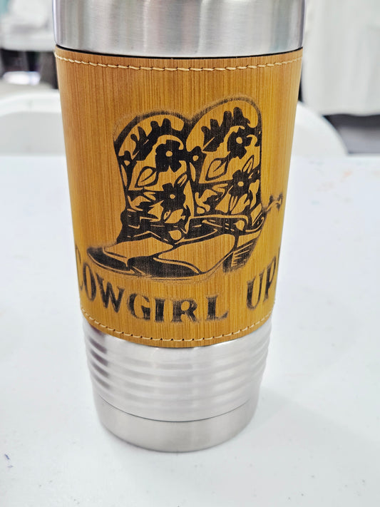 Brown Leather Cowgirl Up Engraved Tapered Tumbler