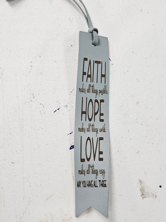 Leather Bookmark Blue Faith/Hope/Love