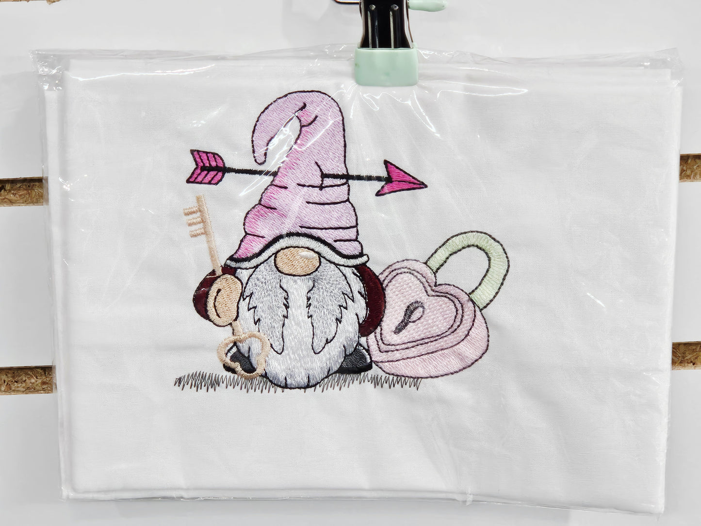 Valentines Gnome Embroidered Tea Towel