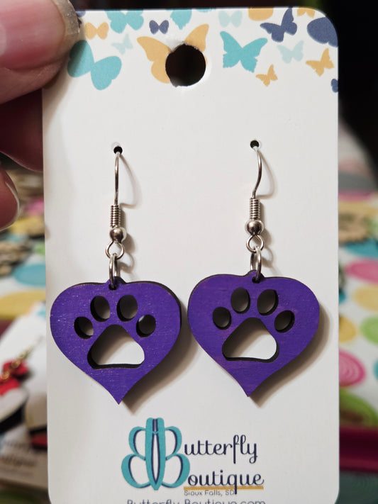 Purple Heart w/Paw Earrings