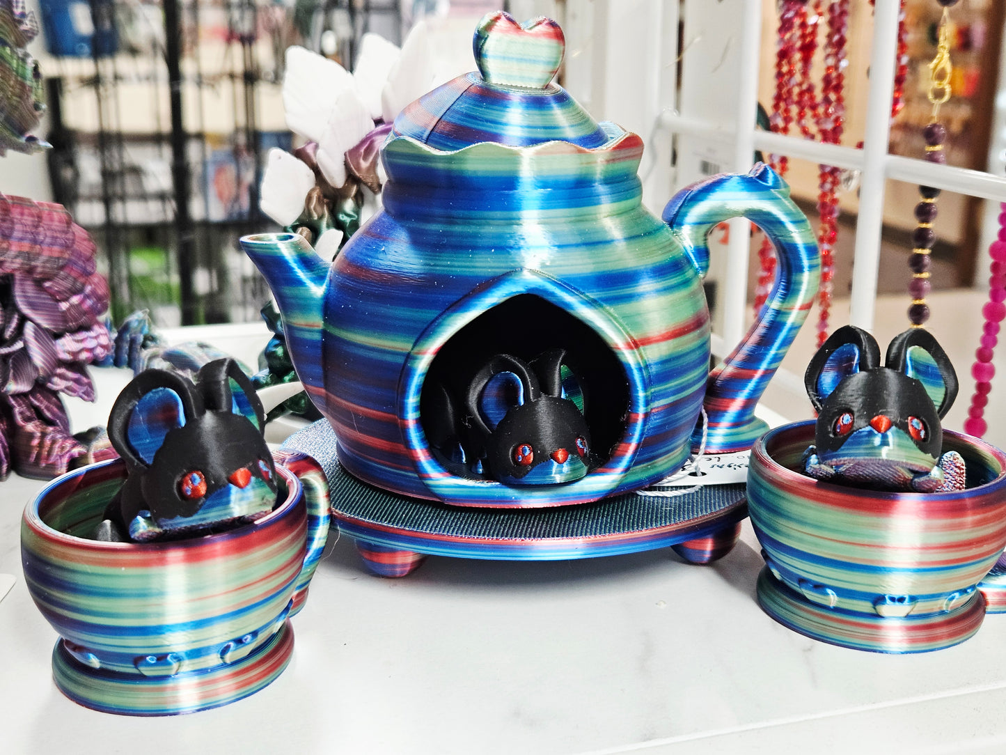 Tea Set with Mice - Blue/Red/Green Stripe