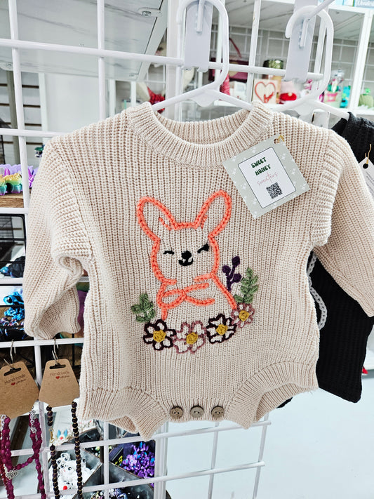 Tan Sweater w/Coral Bunny & Flowers 6-9 month
