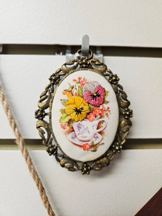 Small Framed Embroidery Tea Cup w/Flowers