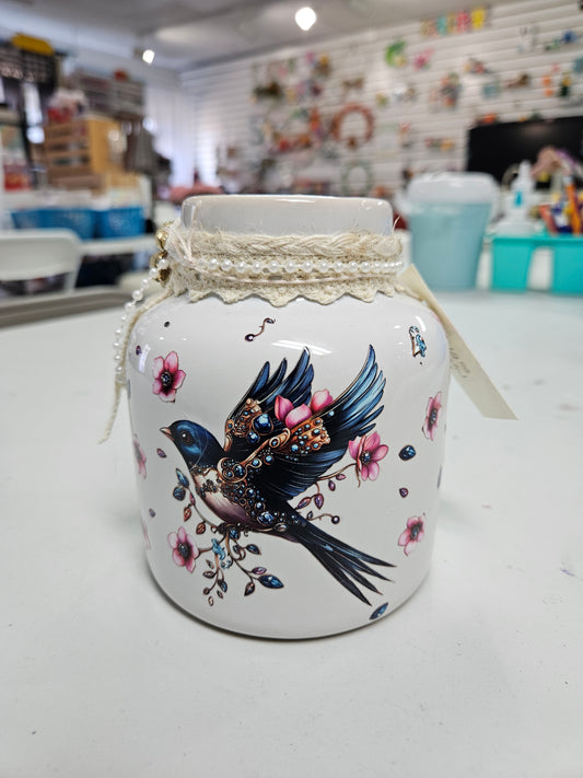 White Vase w/Birds & Flowers