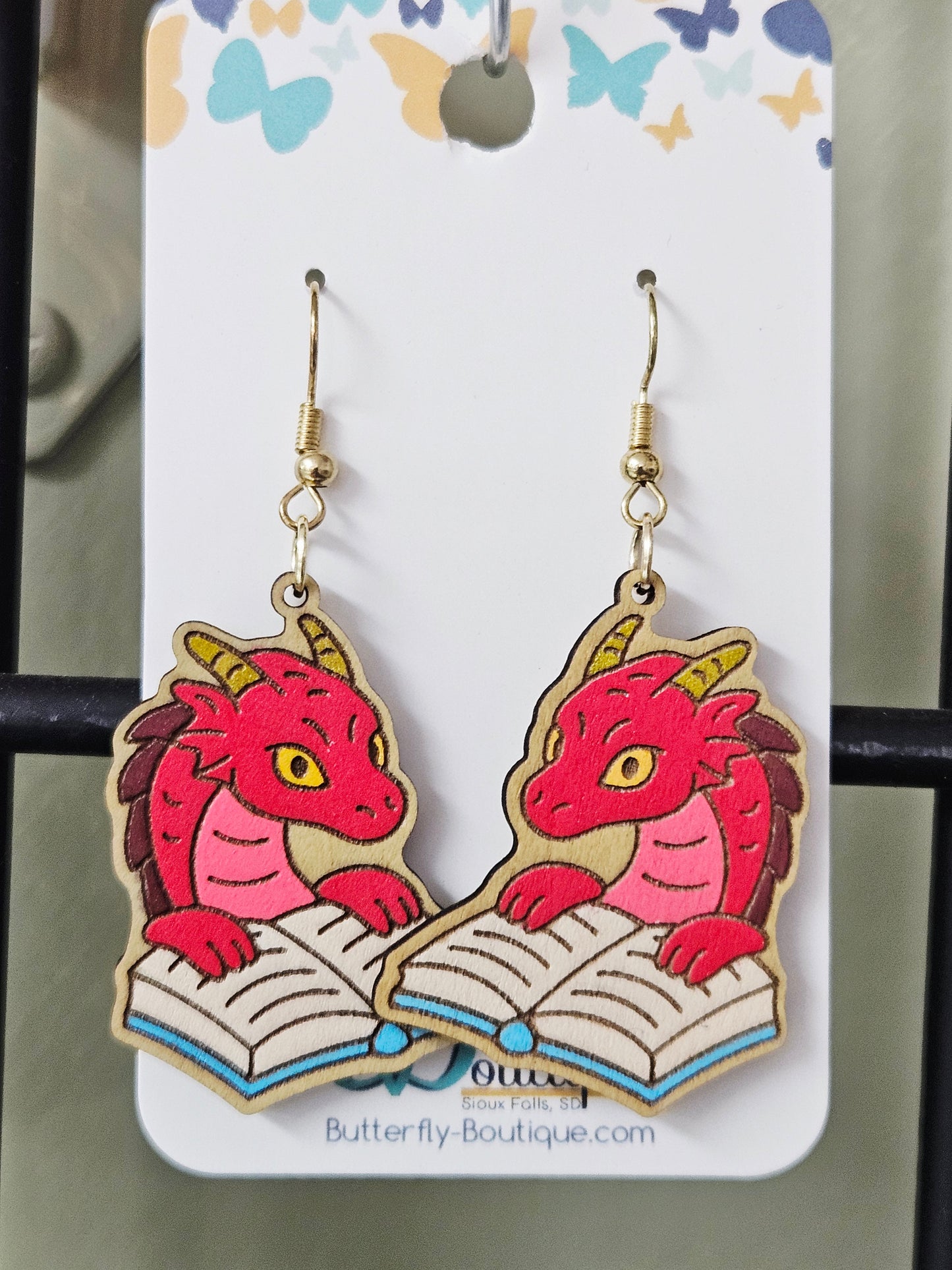 Red Dragon Reading Book Earrings