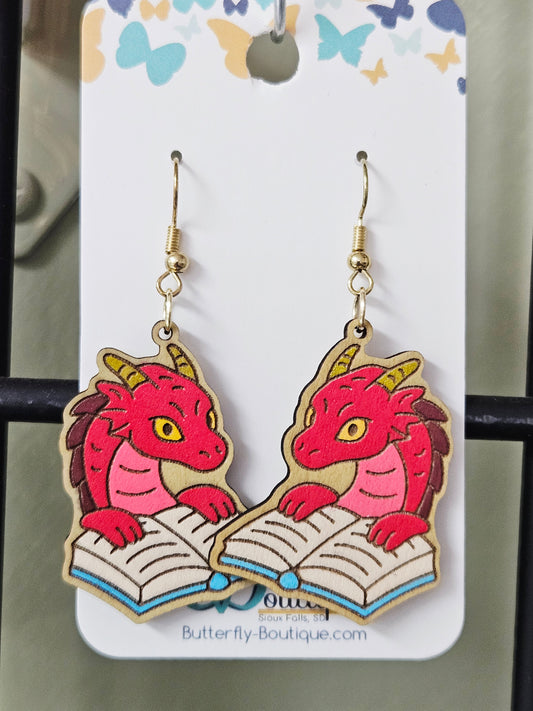 Red Dragon Reading Book Earrings