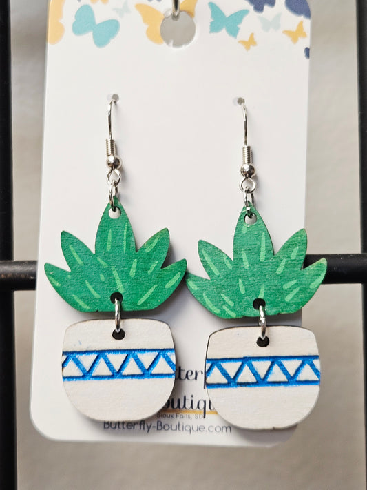 Succulent with Blue/White Pot Earrings
