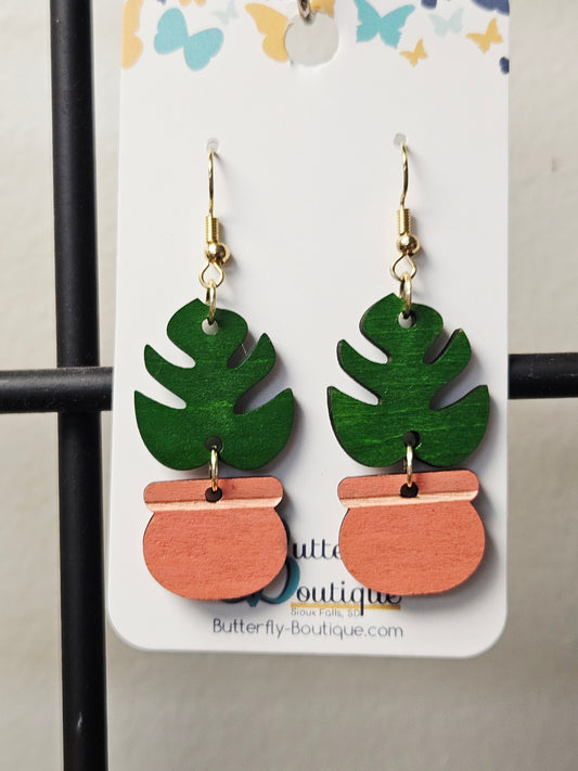 Monstera with Round Terracotta Pot Earrings