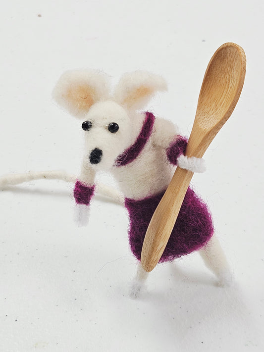 Needle Felted Mouse with Wooden Spoon