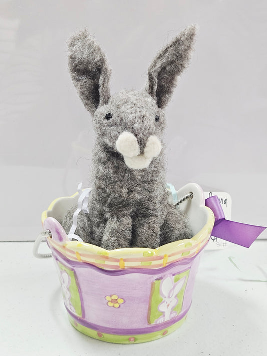 Grey Felted Bunny in Purple Basket