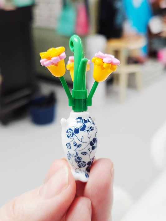 Mini Flower Plant - Blue/White Vase, Yellow/Pink Flowers