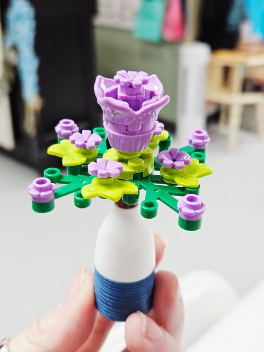 Mini Flower Plant - Blue/White Vase, Purple Flowers