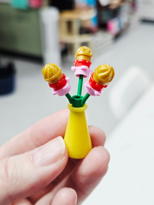 Mini Flower Plant - Yellow Vase, Red/Pink Flower