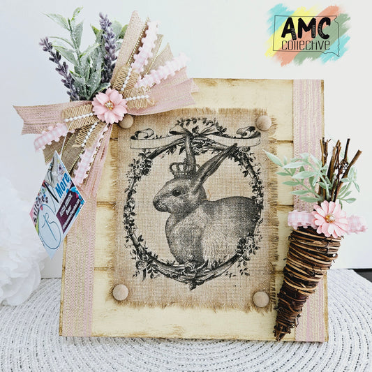 Wood Sign w/Fabric Bunny Brown/Pink