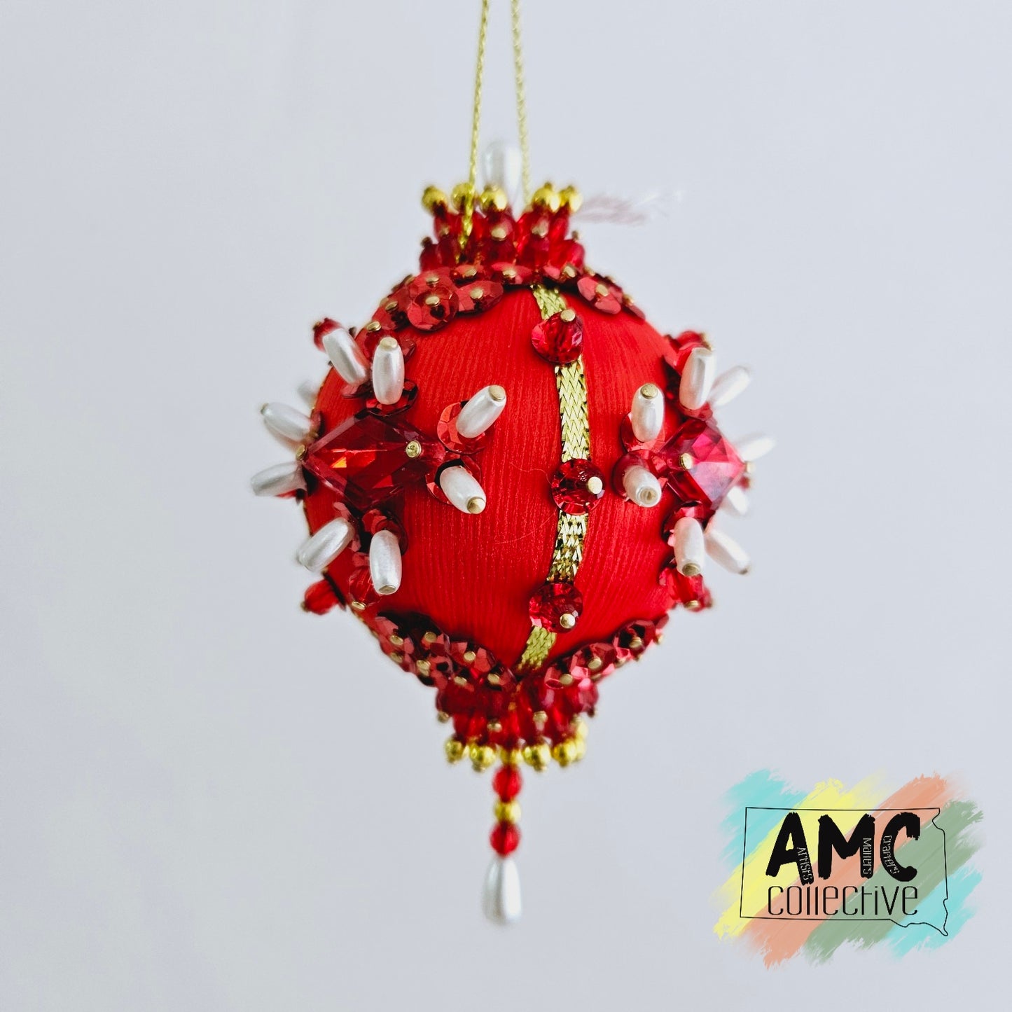 Red Satin Ball Ornament with Red Beads (Copy)