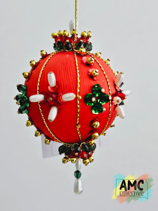 Red Satin Ball Ornament with Beads