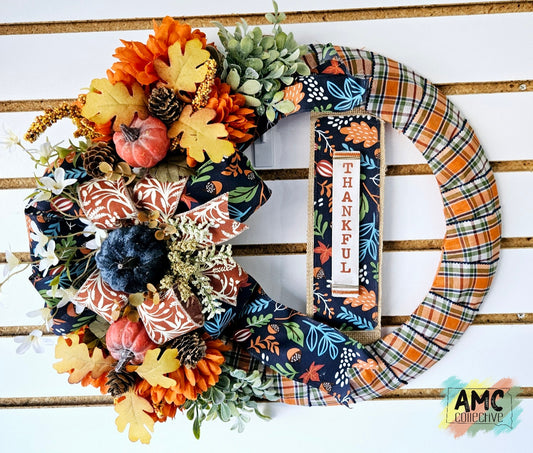 Thankful Floral and Fabric Wreath