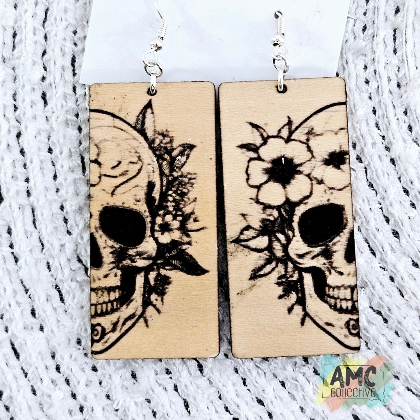 Floral Skull Wood Earrings