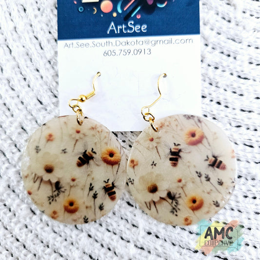 Round Floral Print Earring