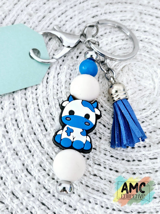 Blue Cow Beaded Keychain