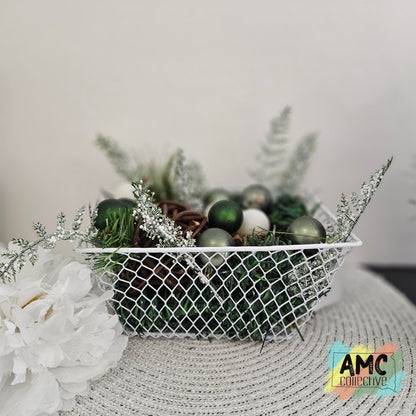 White/Green Christmas Decor Basket