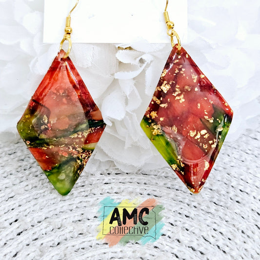 Red/Green Marble Acrylic Earrings - Diamond Shape