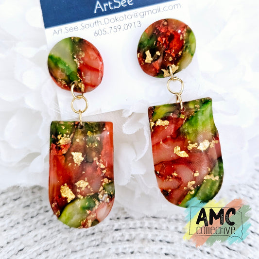 Red/Green Marble Acrylic Earrings - U Shape