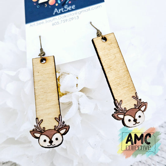 Reindeer Head Long Wood Earrings