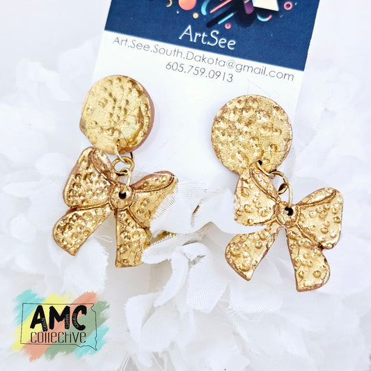 Gold Bow Stud Dangle Earrings