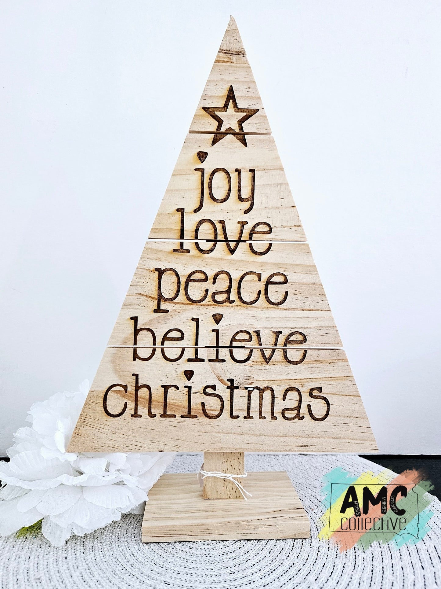 Joy, Love, Peace, Believe, Christmas Engraved Christmas Tree