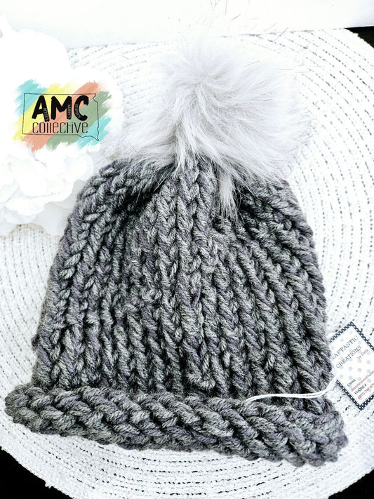 Grey Knit Stocking Cap with Pom Pom