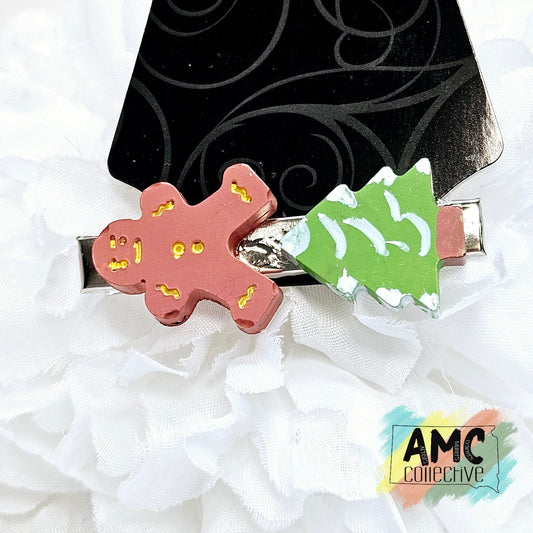 Christmas Tree & Gingerbread Man Resin Hair Clip