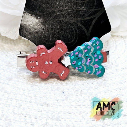 Christmas Tree & Gingerbread Man Resin Hair Clip