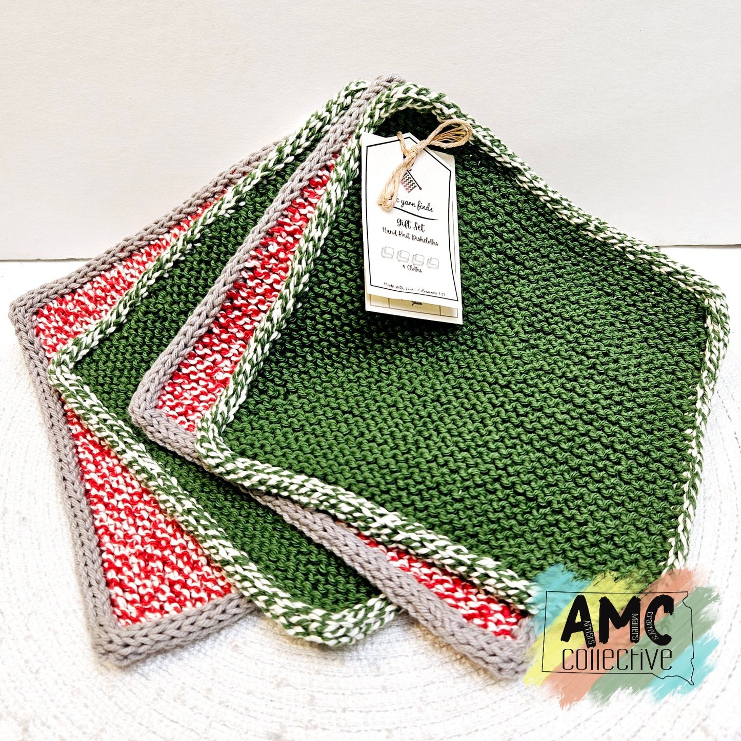 Square Hand Knit Cloths - Green/Red