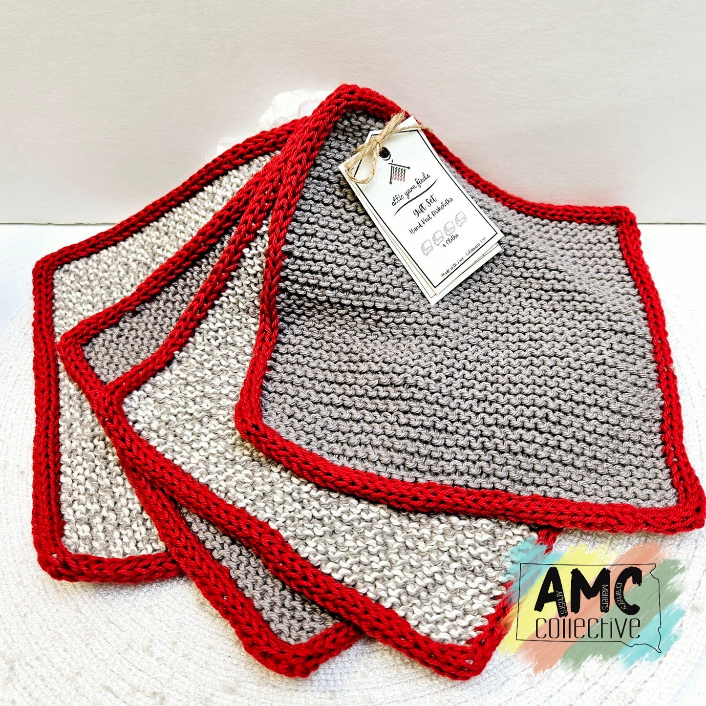 Square Hand Knit Cloths - Grey/Red