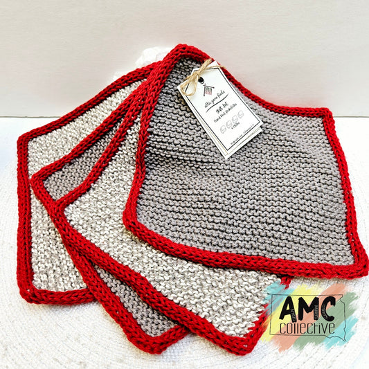 Square Hand Knit Cloths - Grey/Red