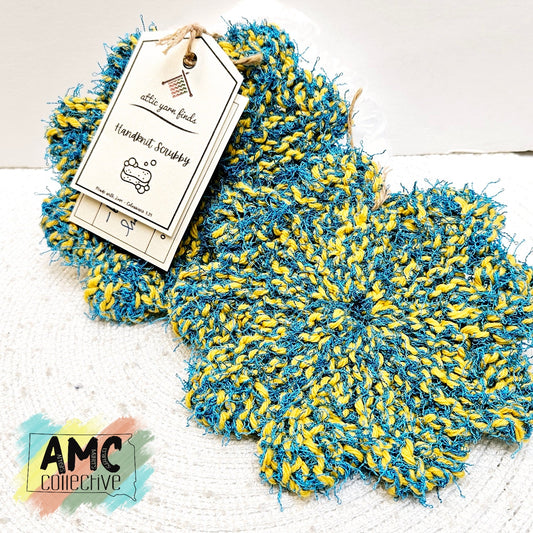 Yellow/Teal Hand Knit Scrubby