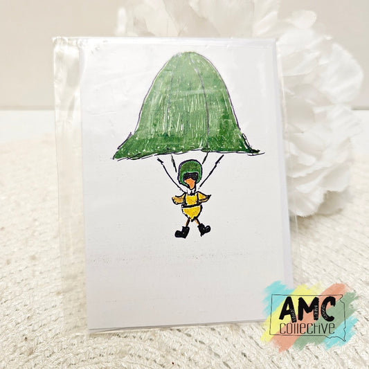 Parachuting Hand-Drawn Military Duck Print Mini Card