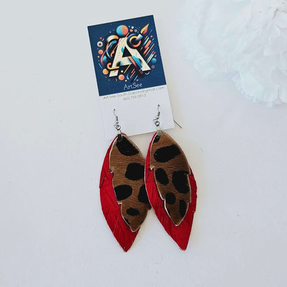 Animal Print Double Feather Leather Earrings