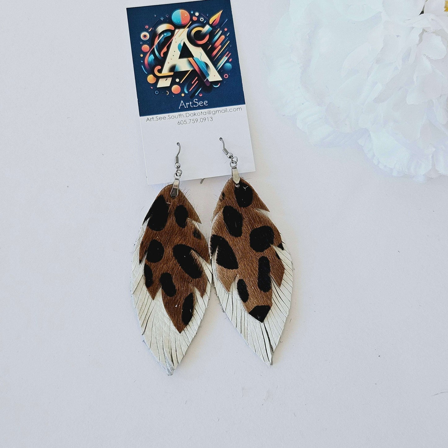 Animal Print Double Feather Leather Earrings