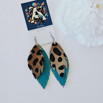 Animal Print Double Feather Leather Earrings