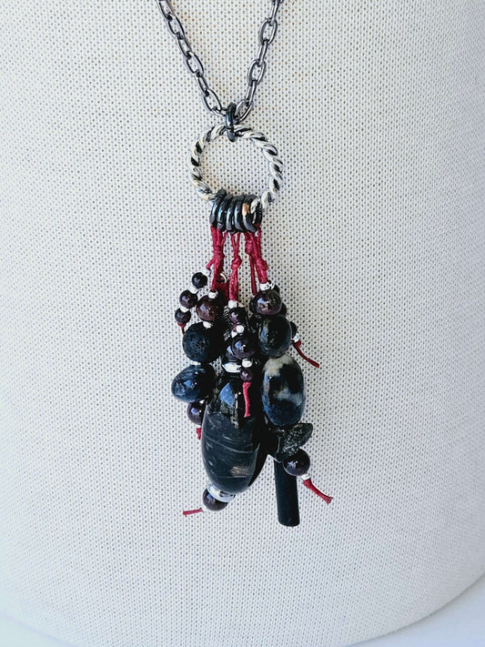 Black and Red Beaded Tassel Necklace