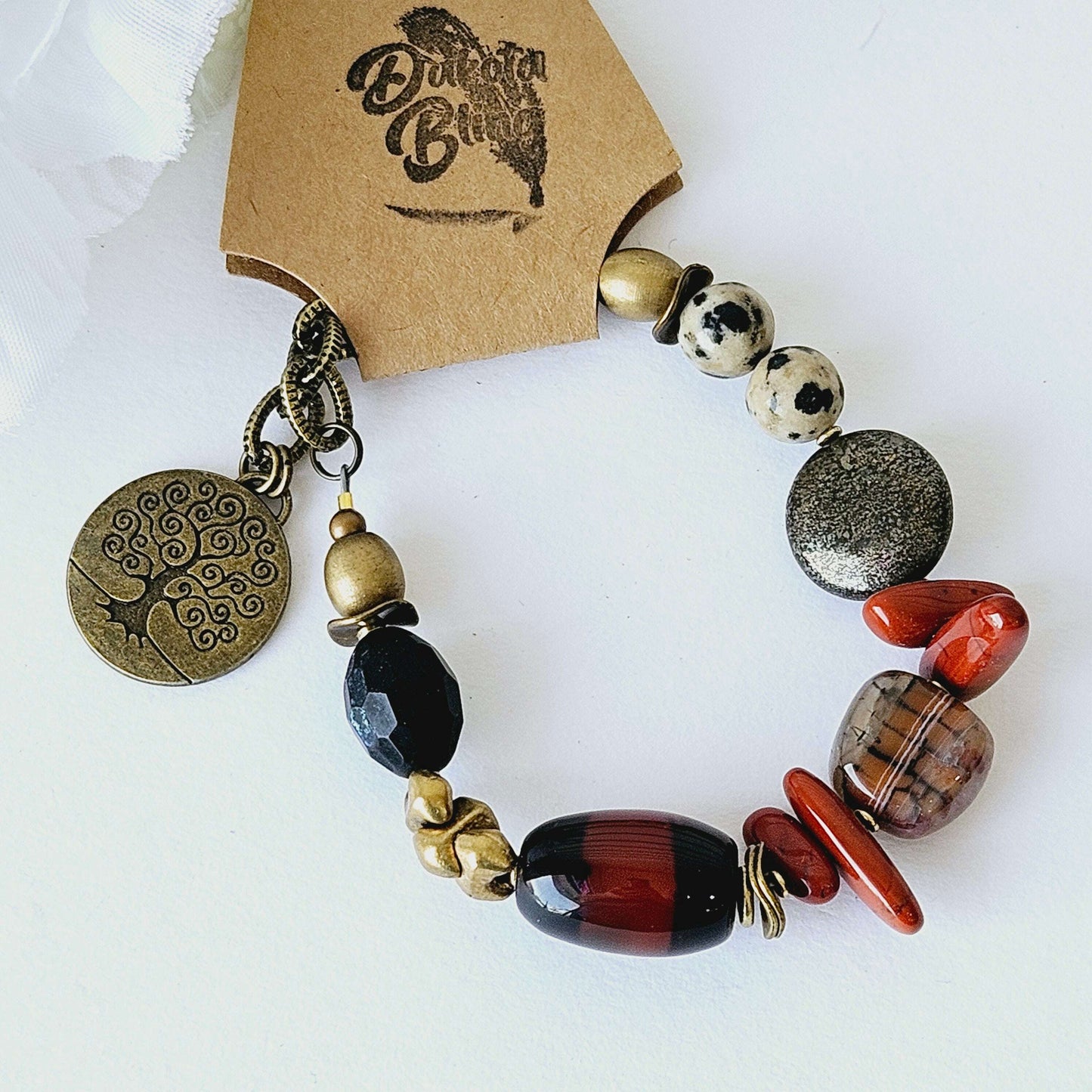 Brown and Red Stone Bracelet with Tree Charm