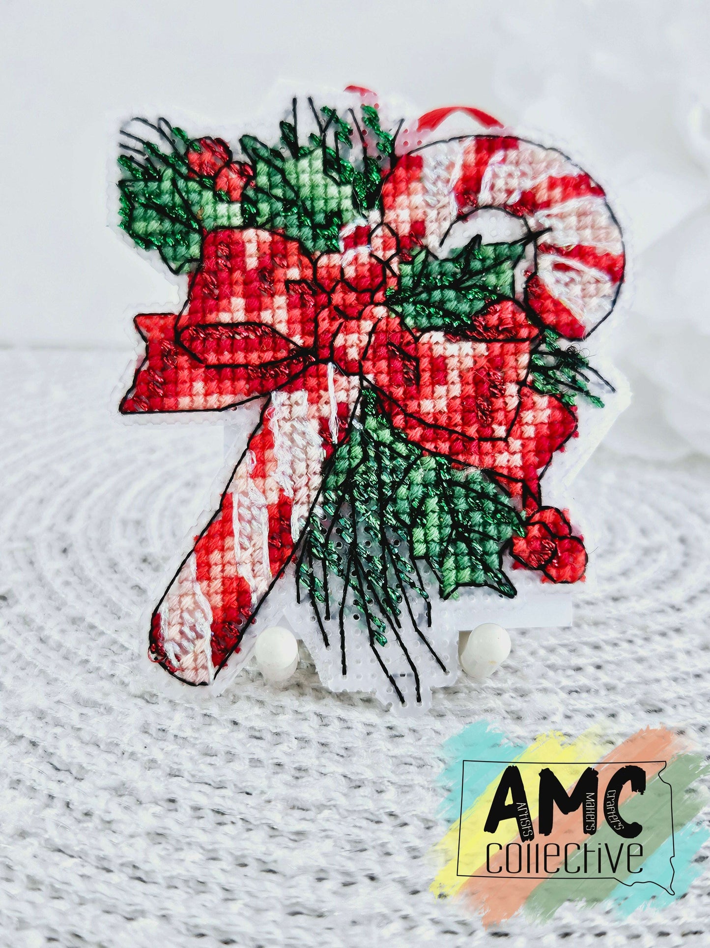 Candy Cane Cross-Stitch Christmas Ornament