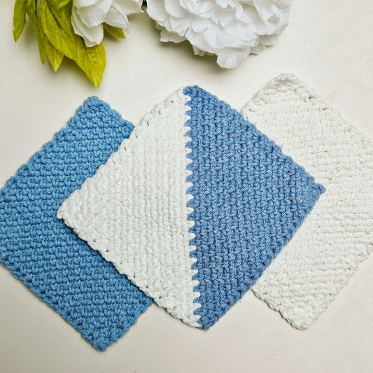 Crochet Dish Cloth - Set 3 Blue/White