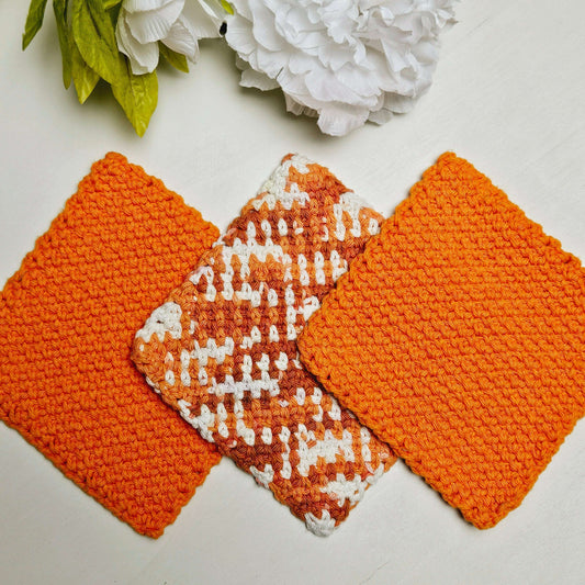 Crochet Dish Cloth - Set 3 Orange/White
