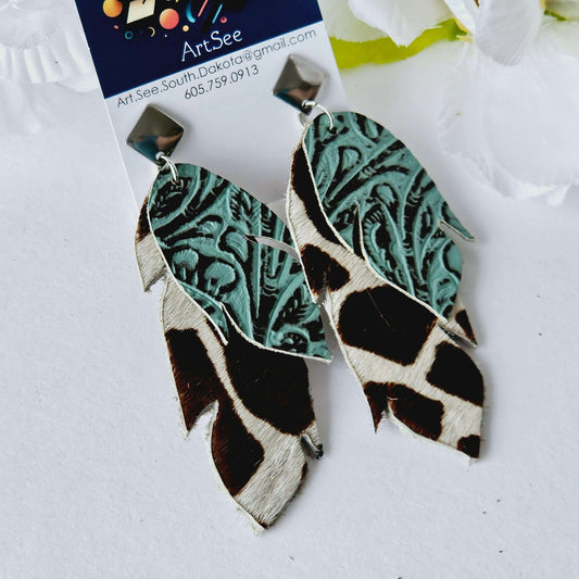 Double Feather Leather Earrings - Turquoise/Animal