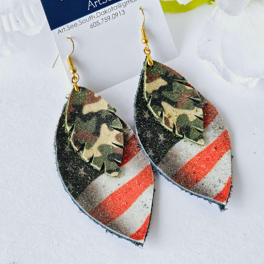 Double Feather Leather Earrings - Camo/Patriotic